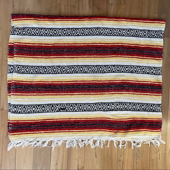 Vintage: Red Yellow White & Black Authentic Mexican Falsa Blanket